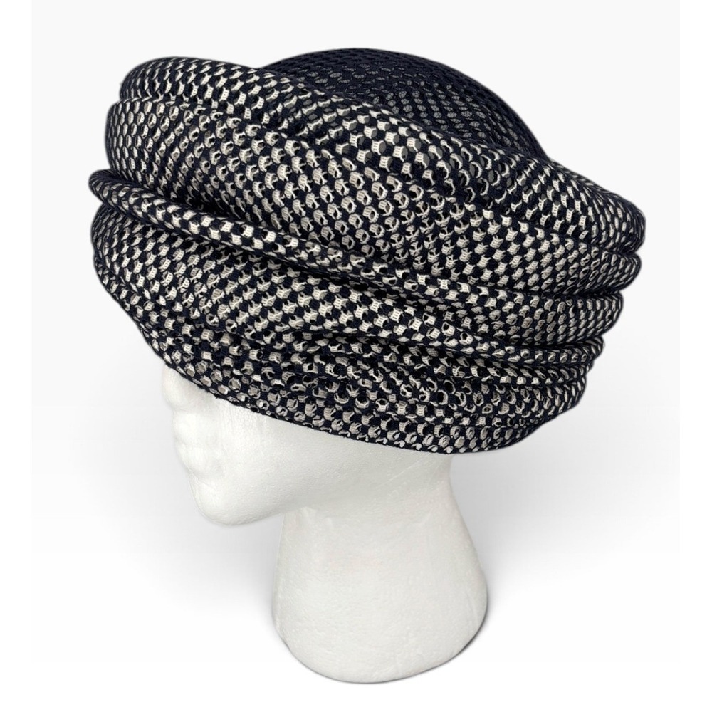 Madame Vintage 50s Paulette Turban Pillbox Hat Womens France Navy White Woven